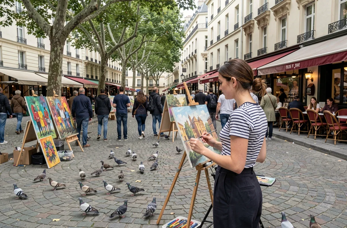Place du Tertre à Montmartre avec artistes de rue et touristes lors d'une visite rapide de Paris en escale