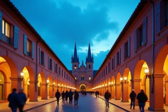 Place Nationale de Montauban au crépuscule avec ses arcades en briques roses et des promeneurs locaux