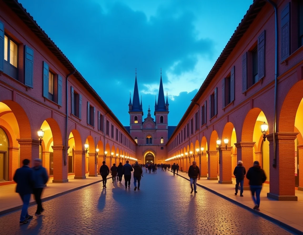 Place Nationale de Montauban au crépuscule avec ses arcades en briques roses et des promeneurs locaux