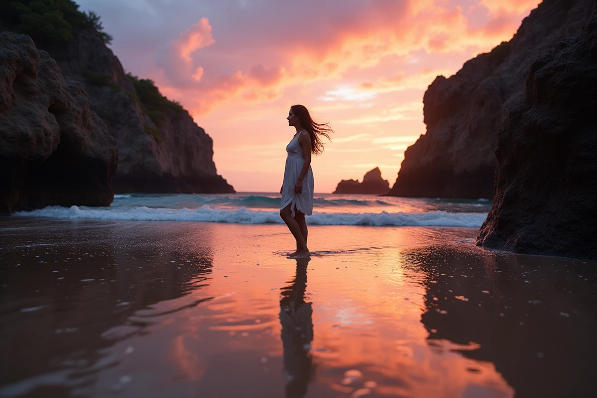 Femme seule au bord de l'eau dans une crique sauvage de Mazunte au crépuscule avec reflets colorés sur le sable mouillé