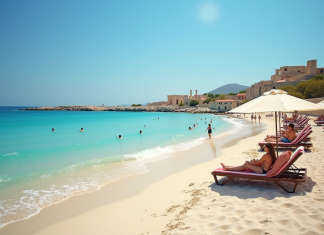 Chypre : comprends mieux la réalité derrière son image de tourisme dangereux Plage méditerranéenne à Chypre avec familles au soleil