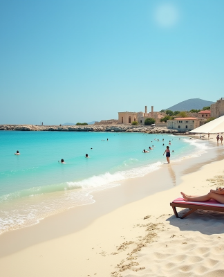 Plage méditerranéenne à Chypre avec familles au soleil