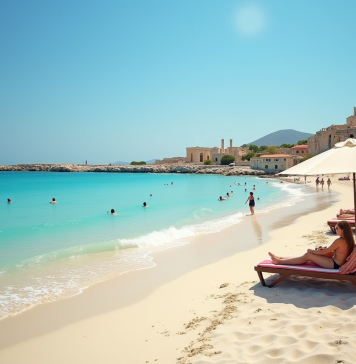 Plage méditerranéenne à Chypre avec familles au soleil