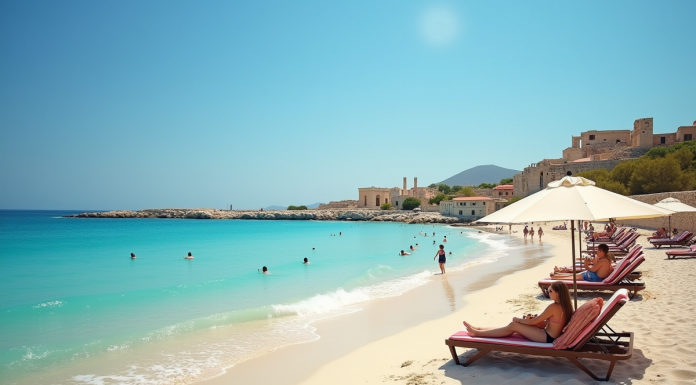 Plage méditerranéenne à Chypre avec familles au soleil
