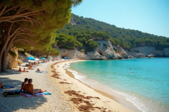 Plage calme de Rayol-Canadel en été avec eau turquoise, galets blancs et pins maritimes sur fond de collines des Maures