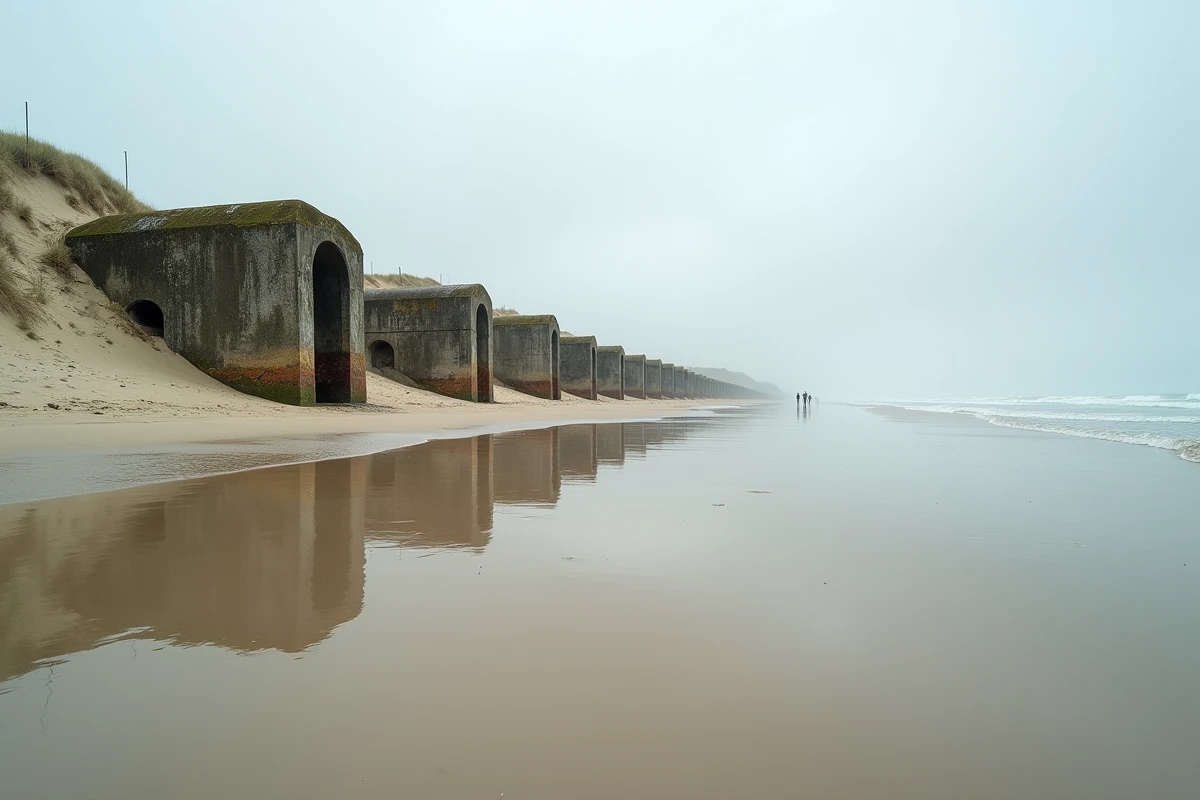 Plages du débarquement en Normandie avec vestiges de bunkers allemands sur la côte