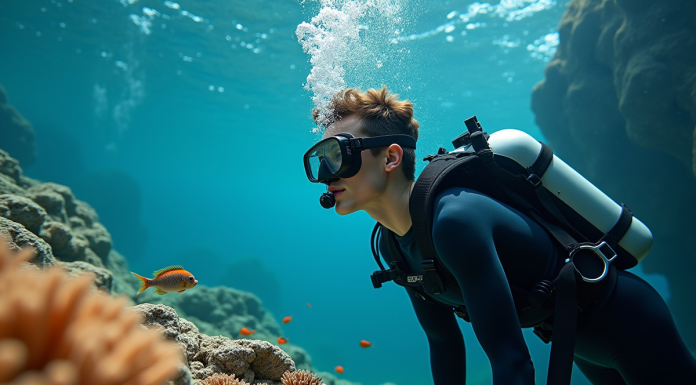 Jeune homme en combinaison de plongée explore un récif corallien