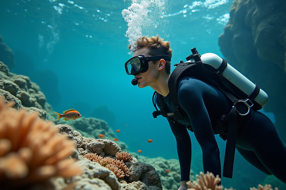 Jeune homme en combinaison de plongée explore un récif corallien