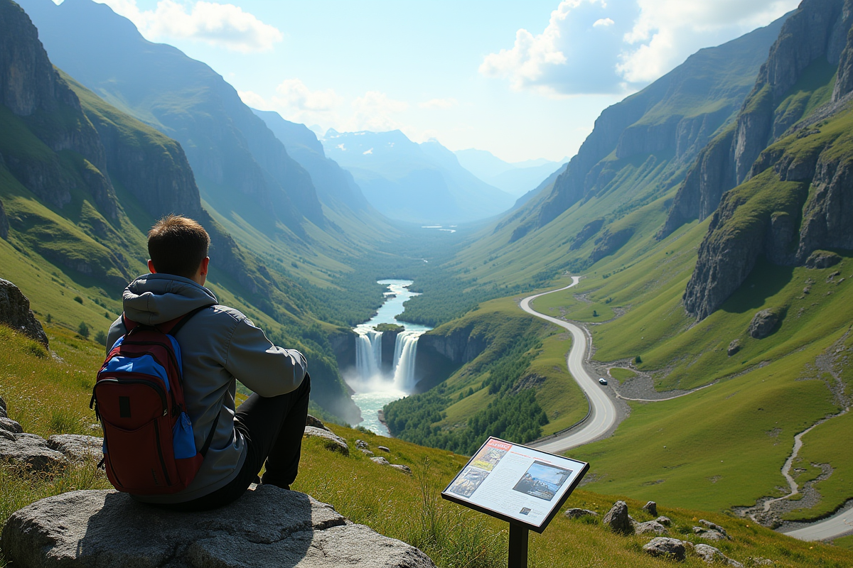 Touriste au point de vue sur Trollstigen avec cascade et panneaux d