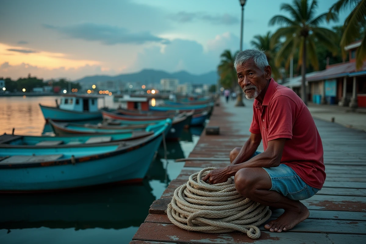 Pêcheur jamaïcain au port de Kingston avec vue panoramique sur le Kingston Harbour et les bateaux de pêche