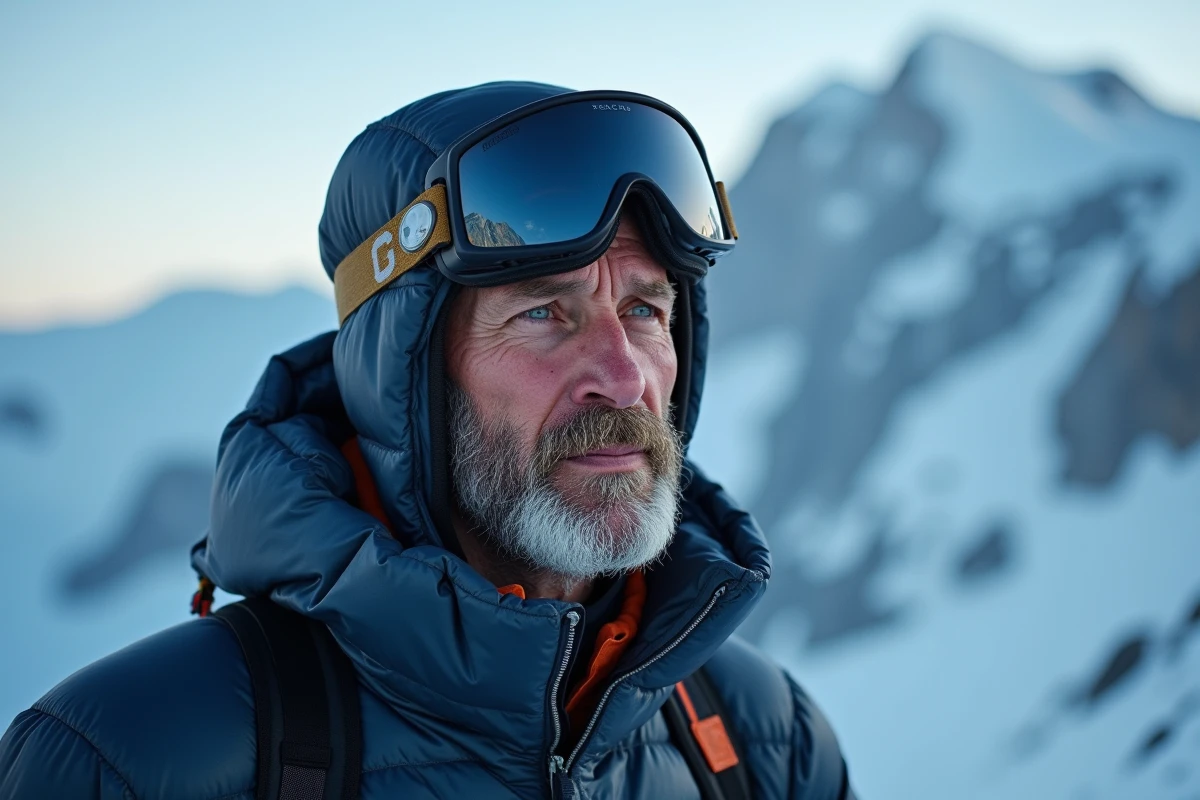 Portrait en gros plan d'un alpiniste face aux glaciers du Kilimandjaro, souffle visible dans l'air glacial du sommet