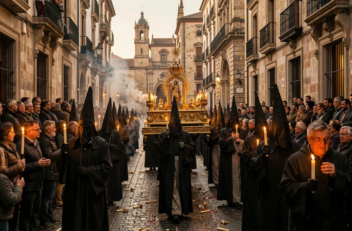 Procession de la Semana Santa à Séville avec pénitents en cagoule et float religieux doré traversant une rue pavée
