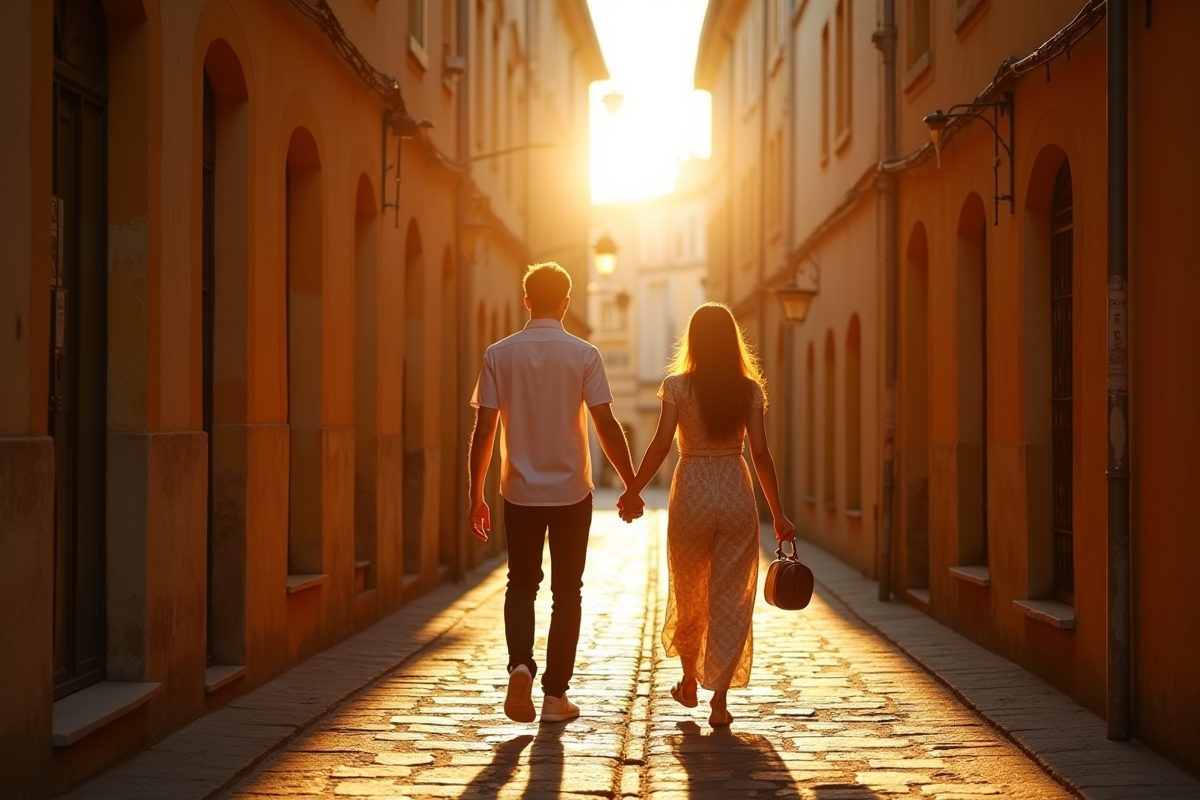 Couple se promenant main dans la main dans une rue pavée en Provence au coucher du soleil
