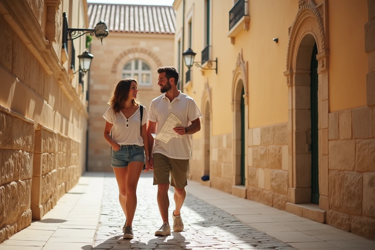 Couple se promenant dans les ruelles historiques de Mdina, la cité silencieuse de Malte, entourés d'architecture baroque en calcaire