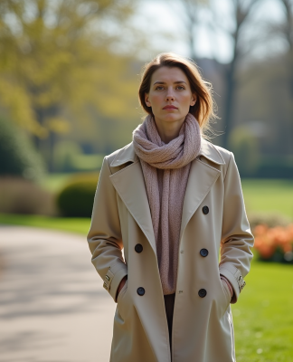 Femme en trench marche dans le parc de Chaumont au printemps