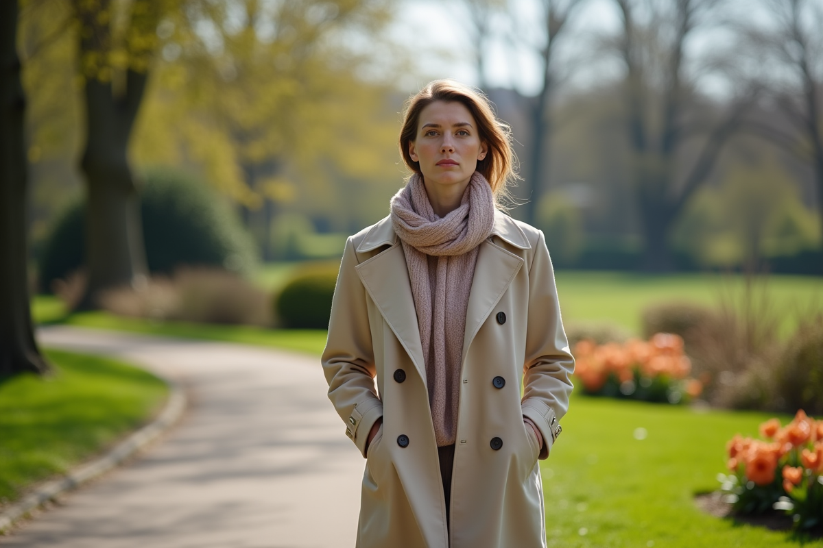 Femme en trench marche dans le parc de Chaumont au printemps