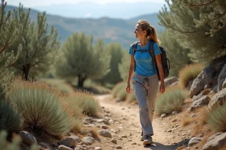 Femme souriante en randonnée sur Kythira avec paysage naturel