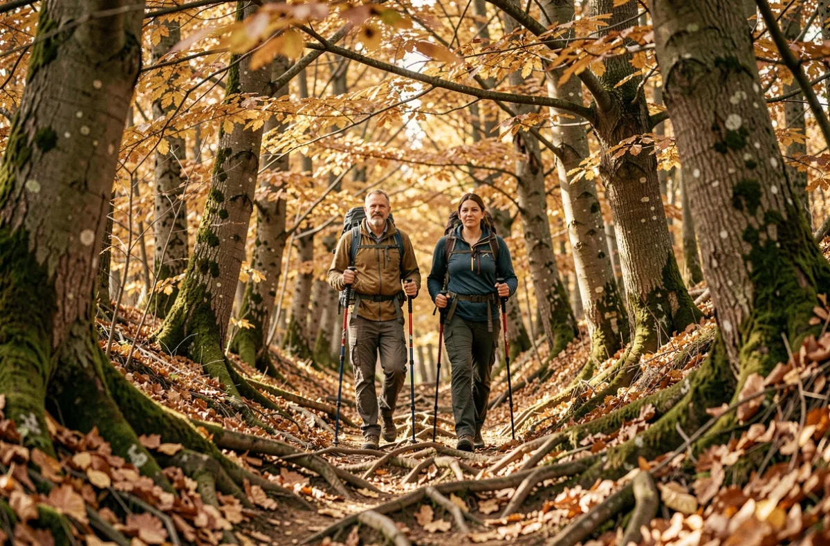 Couple de randonneurs sur un sentier forestier en automne dans les châtaigneraies de l'Ardèche du Nord