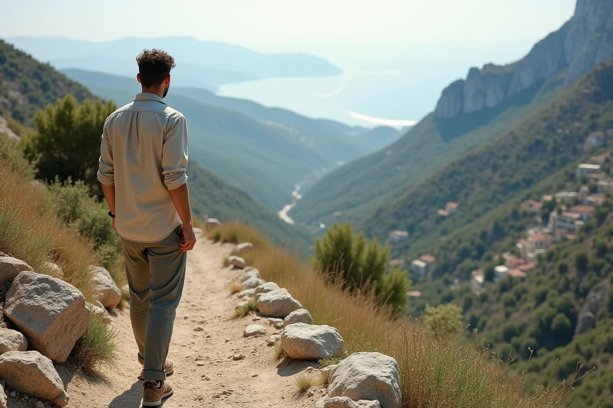 Voyageur solitaire sur un sentier montagneux isolé de Crète avec vue panoramique sur des oliveraies et des villages traditionnels