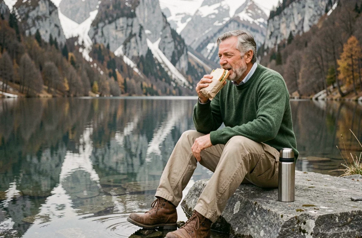 Randonneur senior faisant une pause repas au bord du lac d'Oeschinensee hors saison dans un cadre alpin tranquille