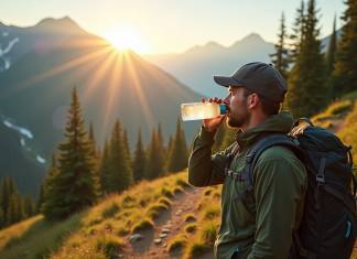Randonnée : conseils essentiels pour s’hydrater en toute sécurité Randonneur buvant dans la nature sur un sentier de montagne