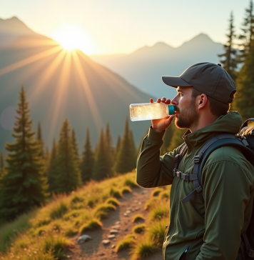 Randonneur buvant dans la nature sur un sentier de montagne