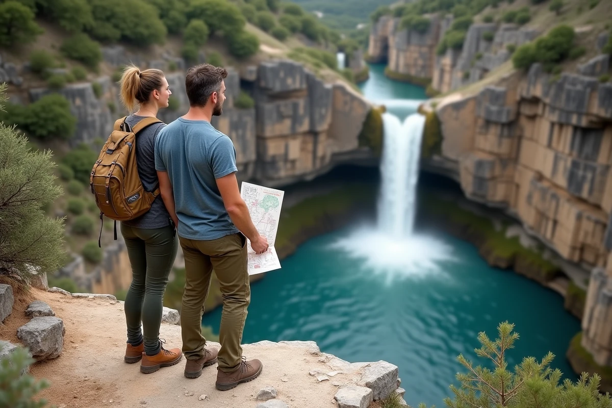 Couple de randonneurs observant la cascade de la Vis depuis un rocher plat avec vue sur le bassin naturel turquoise