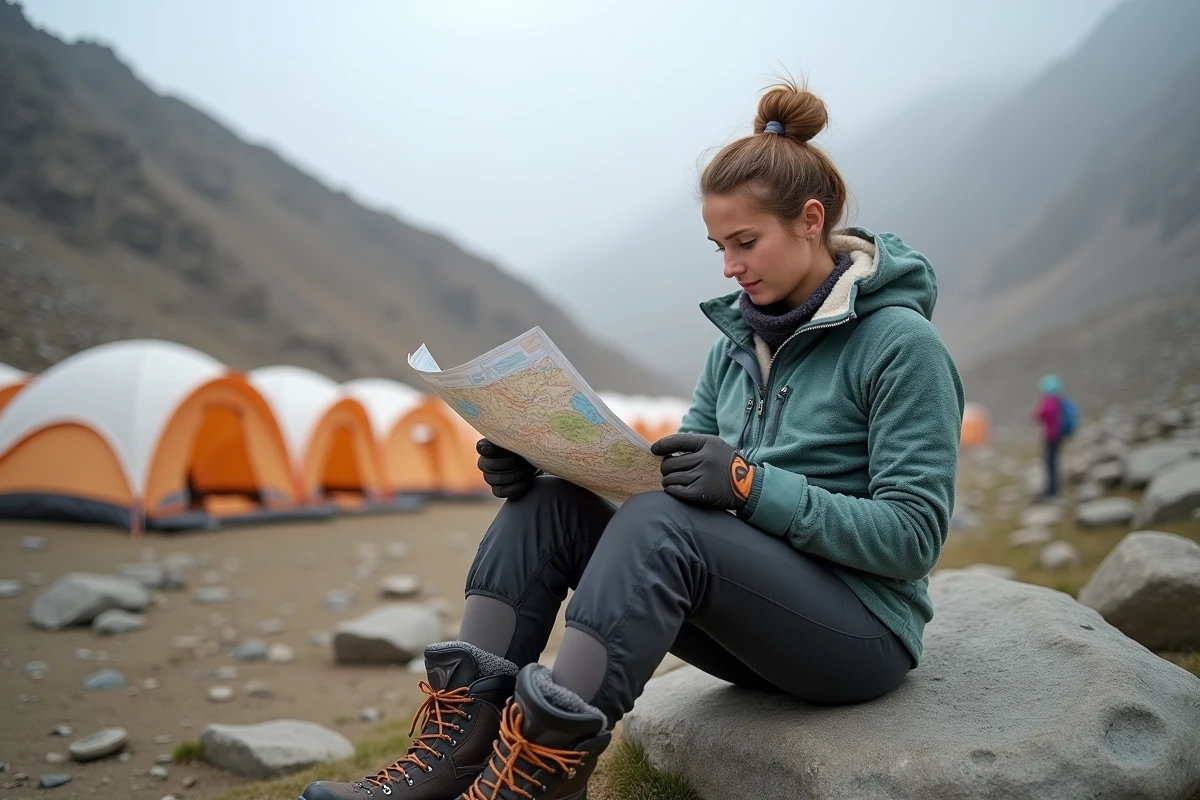 Randonneuse étudiant une carte topographique au camp de base du Kilimandjaro entouré de tentes de haute montagne