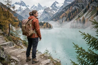 Randonneuse observant le lac d'Oeschinensee en automne depuis un sentier rocheux avec vue sur les sommets enneigés