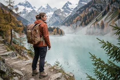 Randonneuse observant le lac d'Oeschinensee en automne depuis un sentier rocheux avec vue sur les sommets enneigés