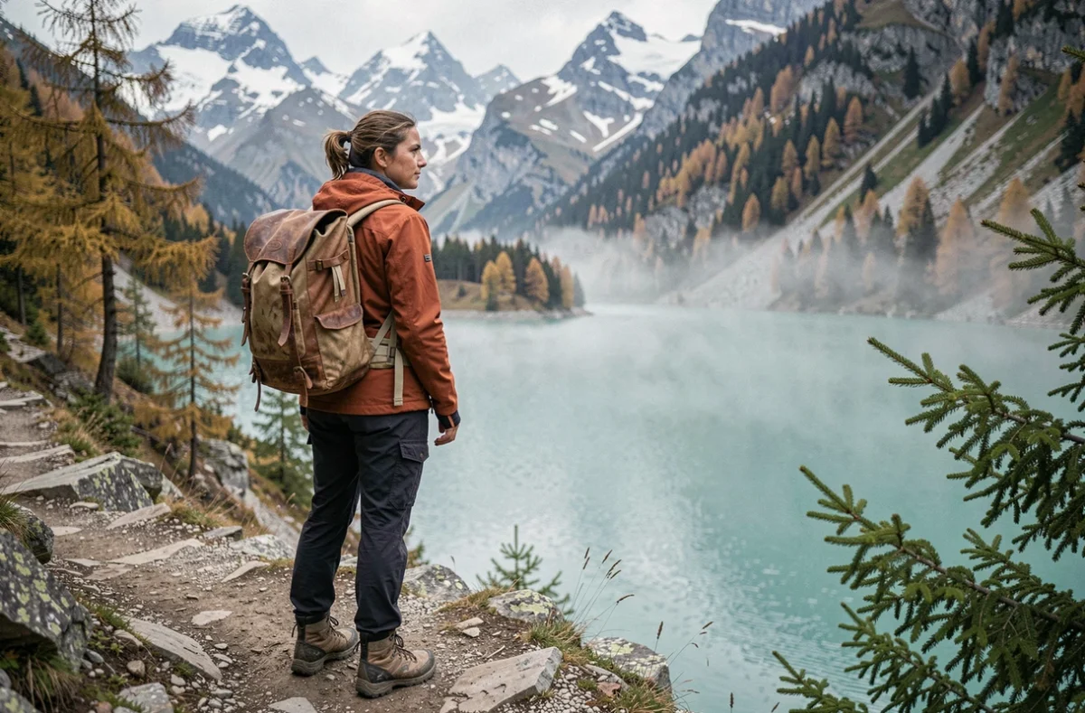 Randonneuse observant le lac d'Oeschinensee en automne depuis un sentier rocheux avec vue sur les sommets enneigés