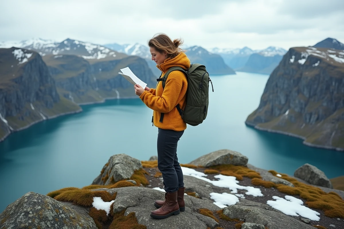 Randonneuse consultant une carte sur une crête rocheuse avec vue panoramique sur les fjords et îles de l'archipel des Lofoten en Norvège