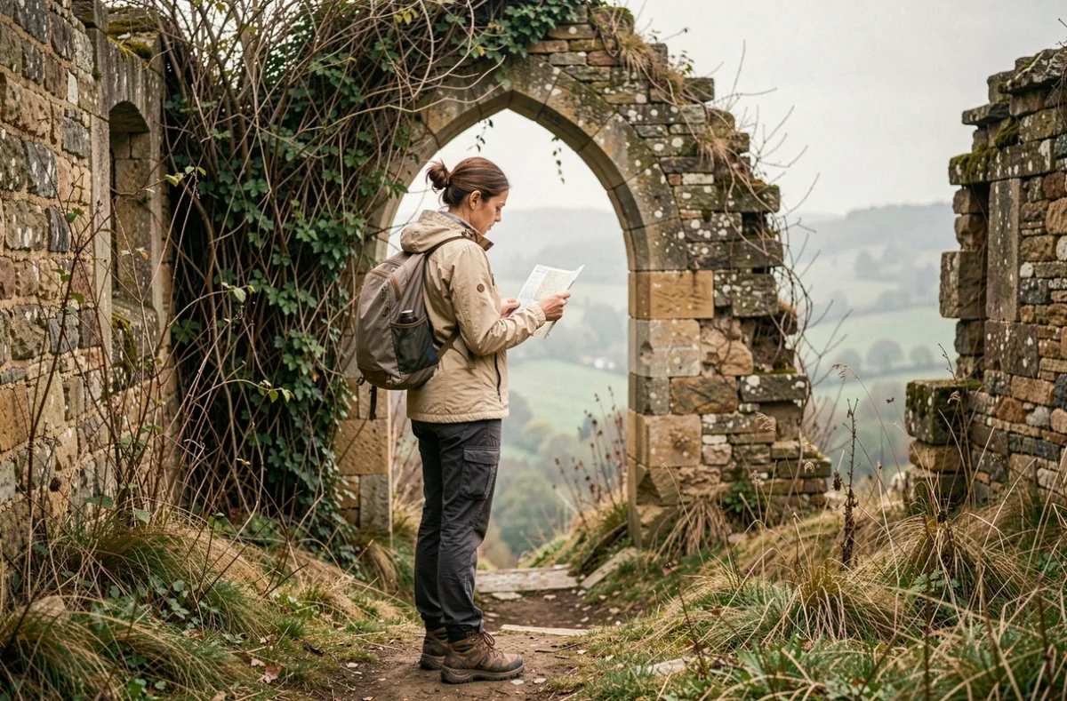 Randonneuse consultant une carte à l'entrée d'un village abandonné en France, arche en pierre envahie de végétation