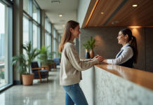 Jeune femme à la réception d'un hôtel moderne