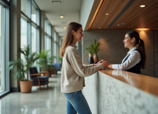Différence entre hôtel et motel : stratégies pour choisir le bon hébergement Jeune femme à la réception d'un hôtel moderne