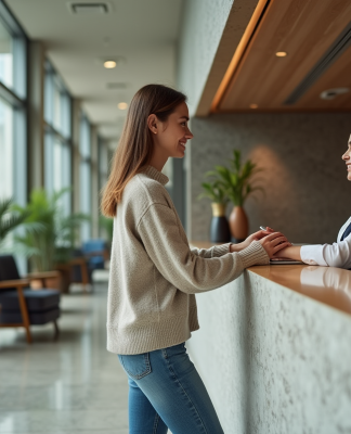 Jeune femme à la réception d'un hôtel moderne