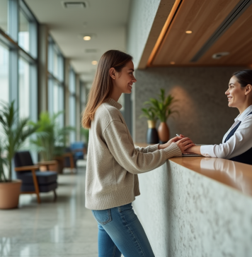 Différence entre hôtel et motel : stratégies pour choisir le bon hébergement Jeune femme à la réception d'un hôtel moderne