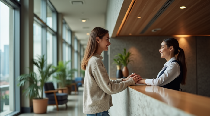 Jeune femme à la réception d'un hôtel moderne