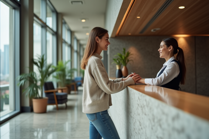 Jeune femme à la réception d'un hôtel moderne