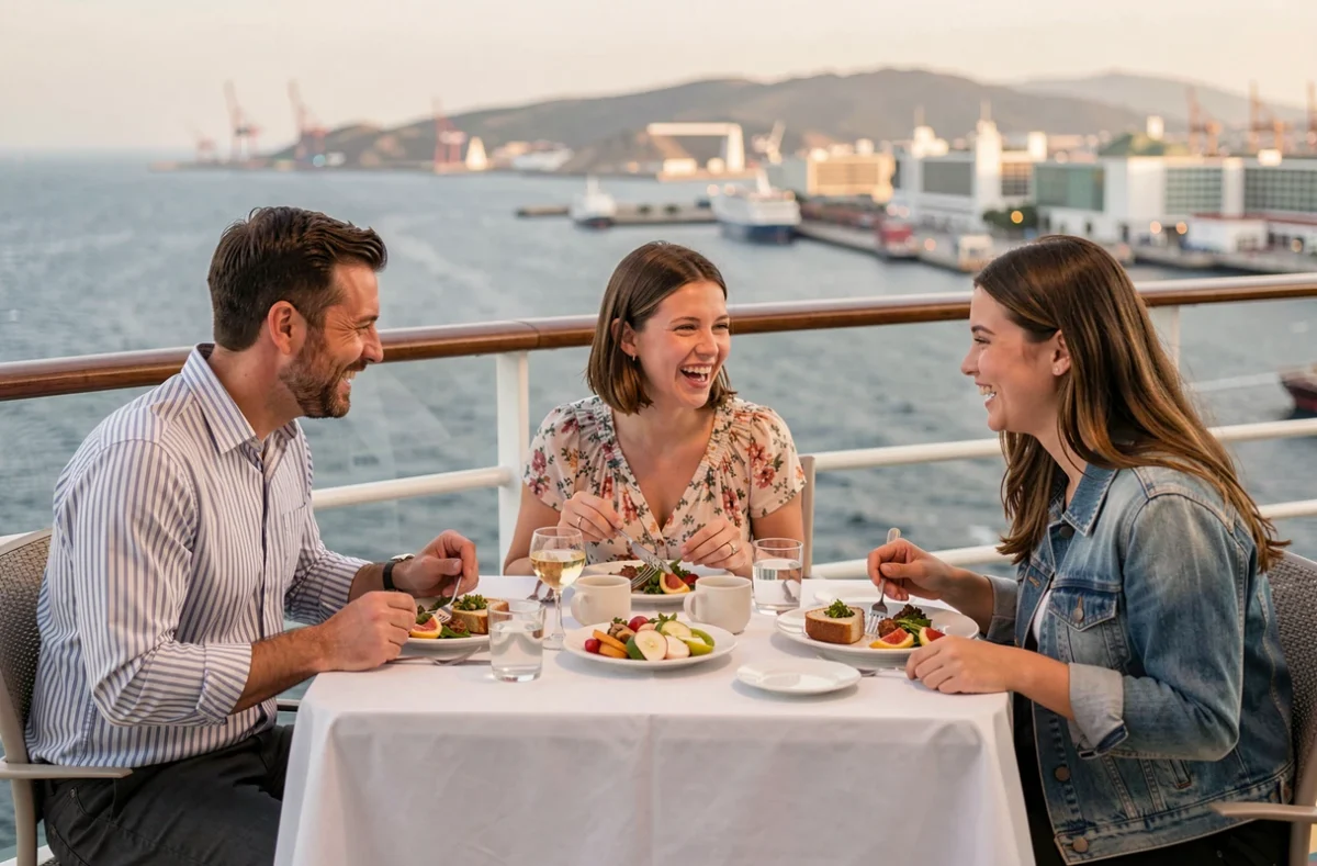 Famille déjeunant en terrasse sur un bateau de croisière avec vue sur un port