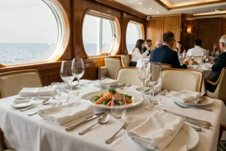 Table gastronomique dressée dans un restaurant de croisière luxueux avec vue sur l'océan