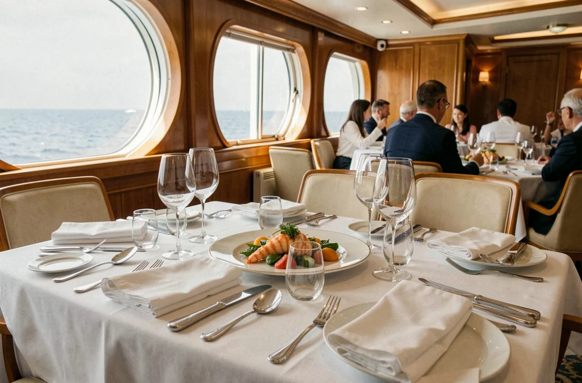 Table gastronomique dressée dans un restaurant de croisière luxueux avec vue sur l'océan