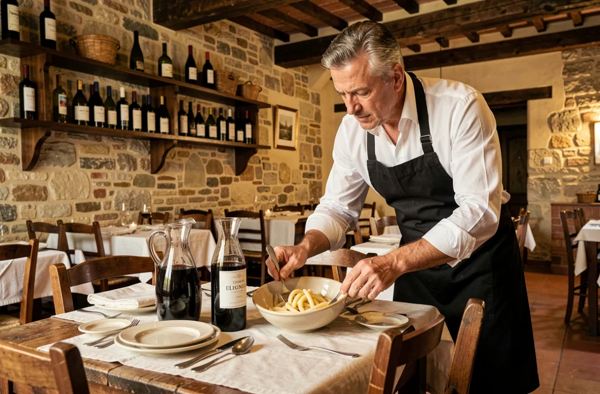 Intérieur authentique d'une trattoria siennoise avec un serveur présentant des pâtes pici sur une table en bois rustique décorée de céramiques et d'une carafe de Chianti