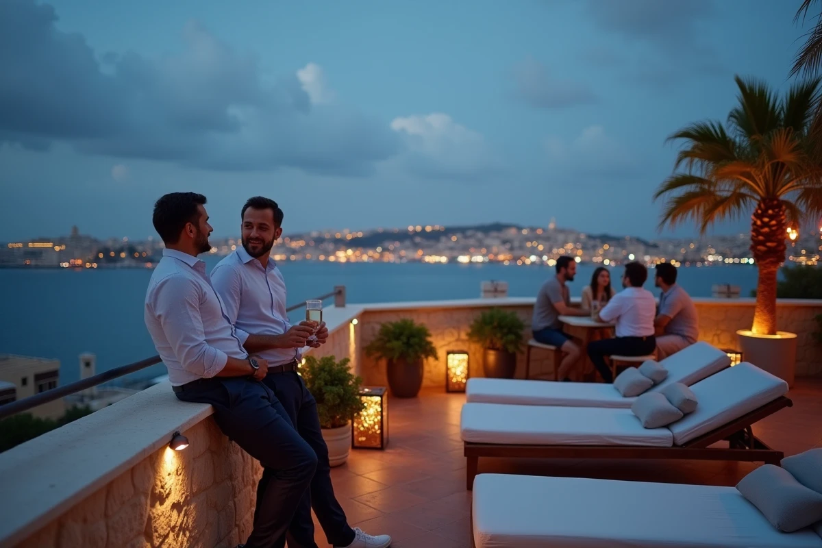 Deux hommes sur une terrasse rooftop de Paceville avec vue panoramique sur Malte en soirée