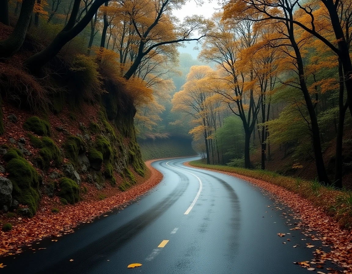 Route en lacets sous un couvert forestier automnal dans les hauteurs du Cap Corse, feuilles sur l'asphalte mouillé