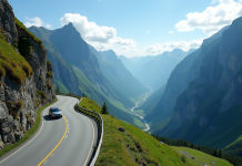 Route de montagne à Trollstigen en Norvege avec voiture et falaises