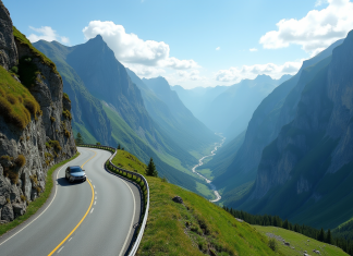 Temps de conduite à Trollstigen : durée idéale et infos pratiques Route de montagne à Trollstigen en Norvege avec voiture et falaises
