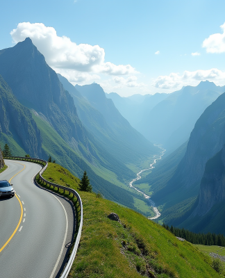 Route de montagne à Trollstigen en Norvege avec voiture et falaises