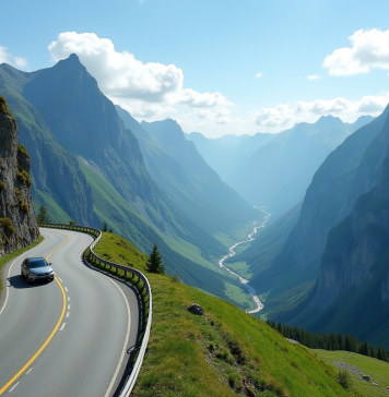 Route de montagne à Trollstigen en Norvege avec voiture et falaises