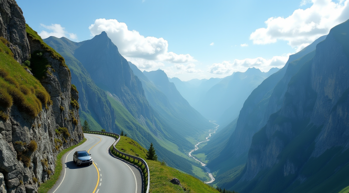 Route de montagne à Trollstigen en Norvege avec voiture et falaises